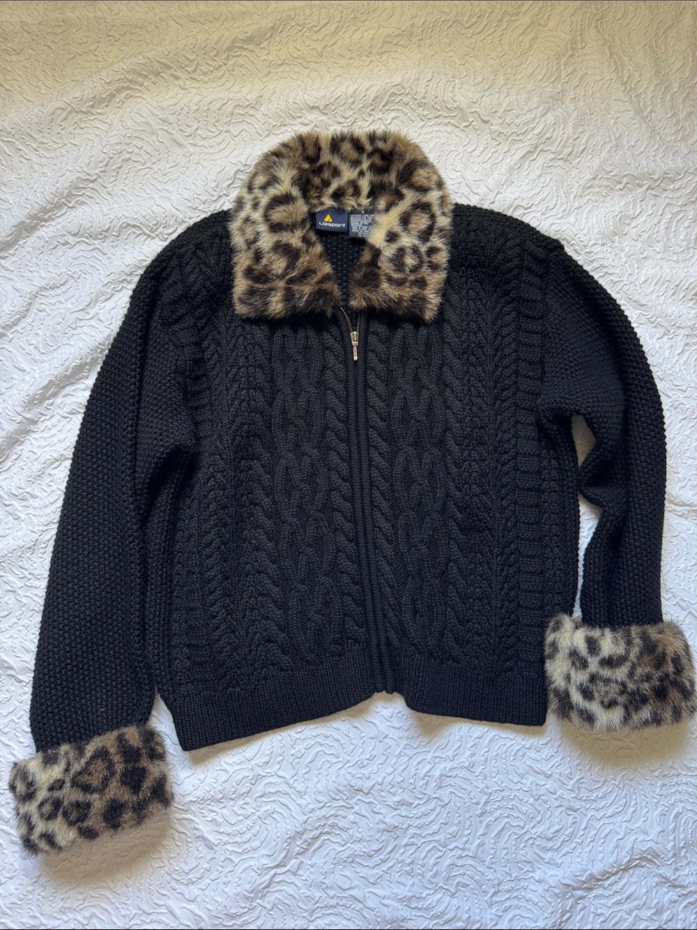 Black Cable-Knit Zip Cardigan with Leopard Faux-Fur Trim